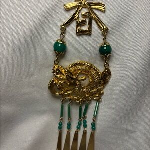 Vintage Signed ART Gold and Green Dragon Statement Necklace